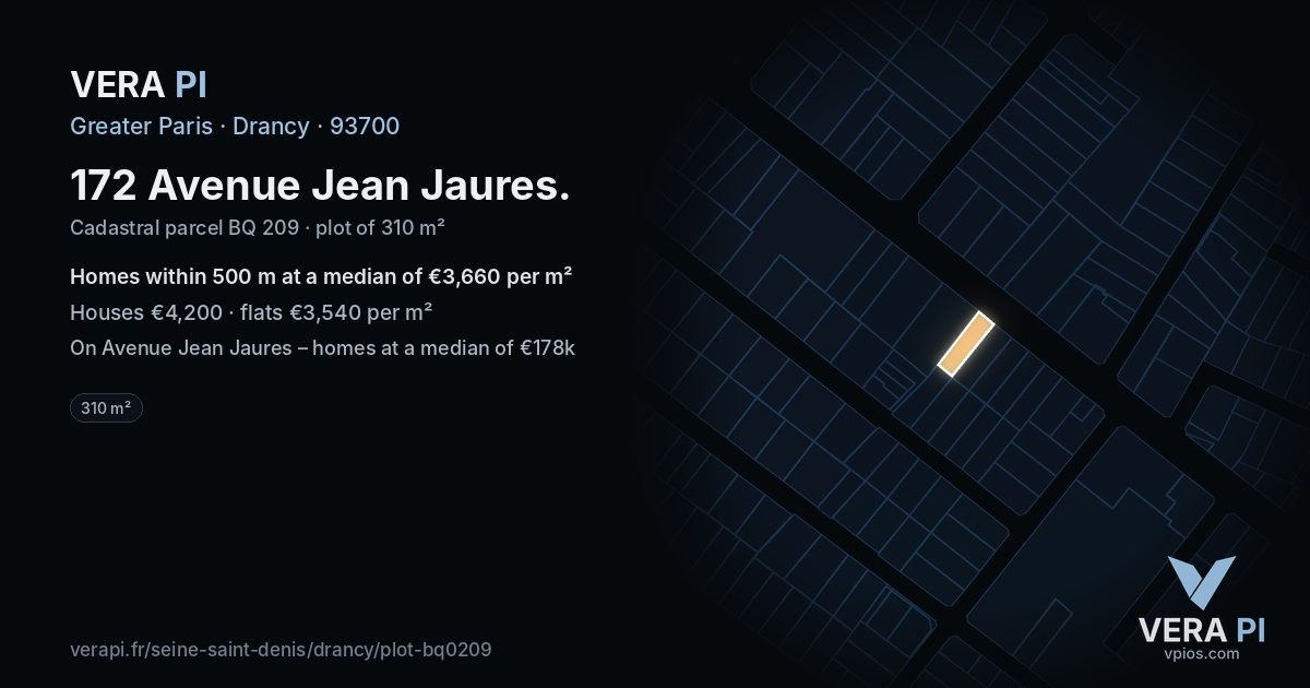 172 Avenue Jean Jaures, Drancy at night – the plot lit, the parcels around coloured by the prices near them