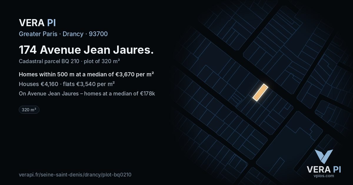 174 Avenue Jean Jaures, Drancy at night – the plot lit, the parcels around coloured by the prices near them