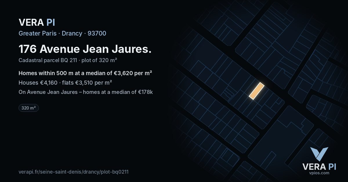 176 Avenue Jean Jaures, Drancy at night – the plot lit, the parcels around coloured by the prices near them