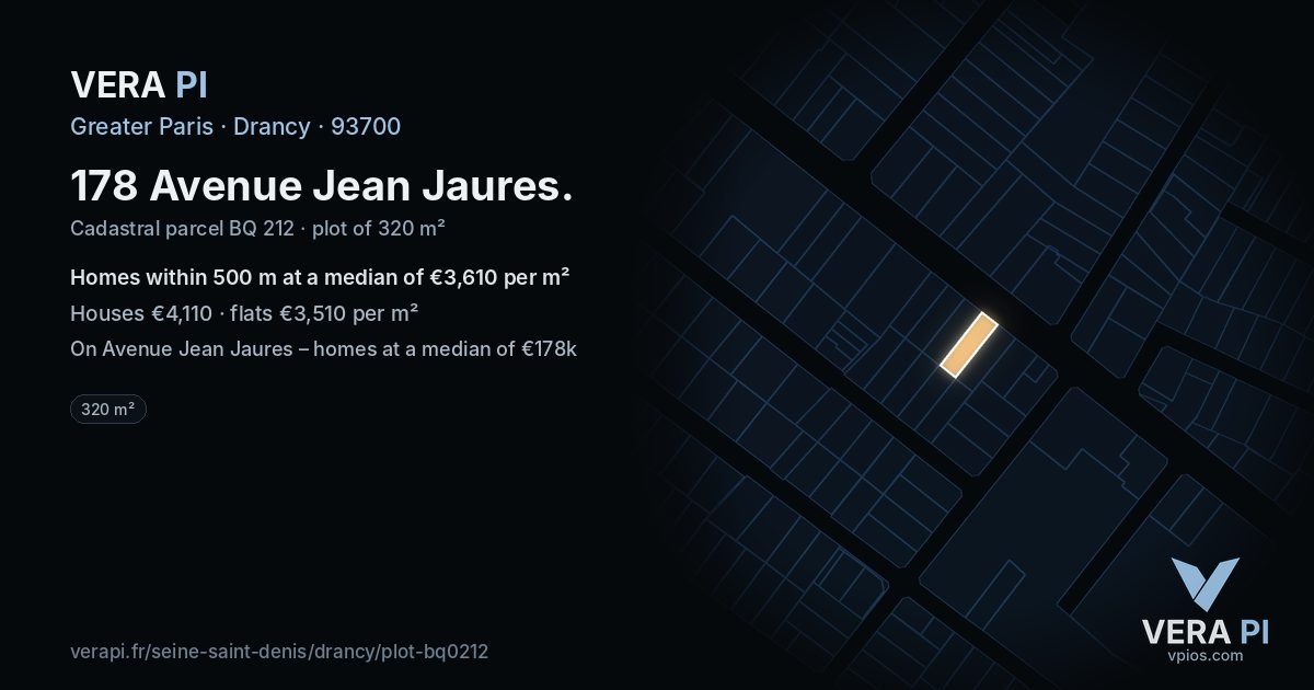178 Avenue Jean Jaures, Drancy at night – the plot lit, the parcels around coloured by the prices near them
