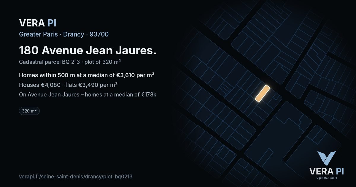 180 Avenue Jean Jaures, Drancy at night – the plot lit, the parcels around coloured by the prices near them
