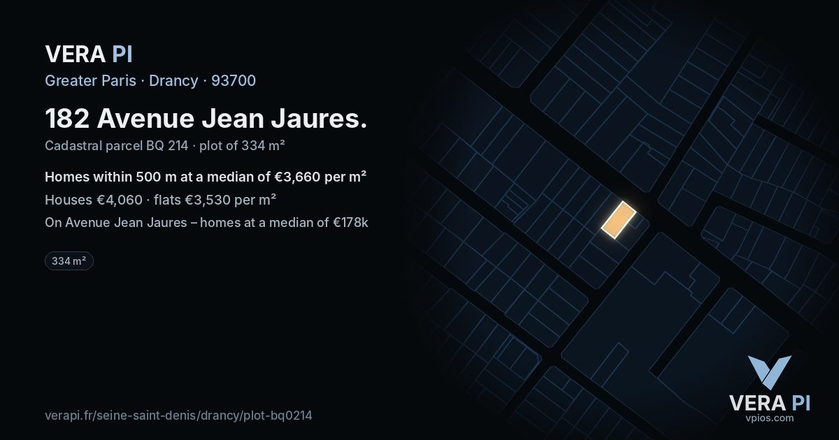 182 Avenue Jean Jaures, Drancy at night – the plot lit, the parcels around coloured by the prices near them