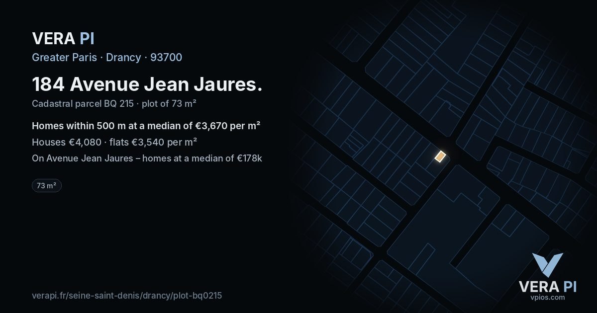 184 Avenue Jean Jaures, Drancy at night – the plot lit, the parcels around coloured by the prices near them