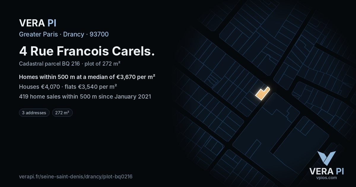 4 Rue Francois Carels, Drancy at night – the plot lit, the parcels around coloured by the prices near them