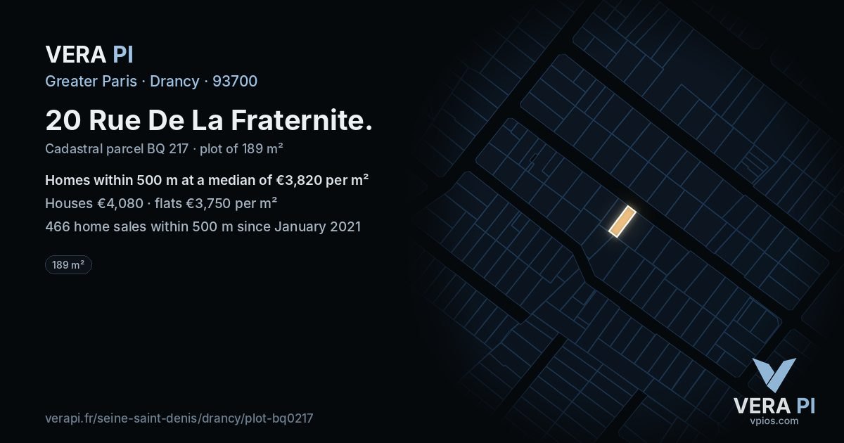 20 Rue De La Fraternite, Drancy at night – the plot lit, the parcels around coloured by the prices near them