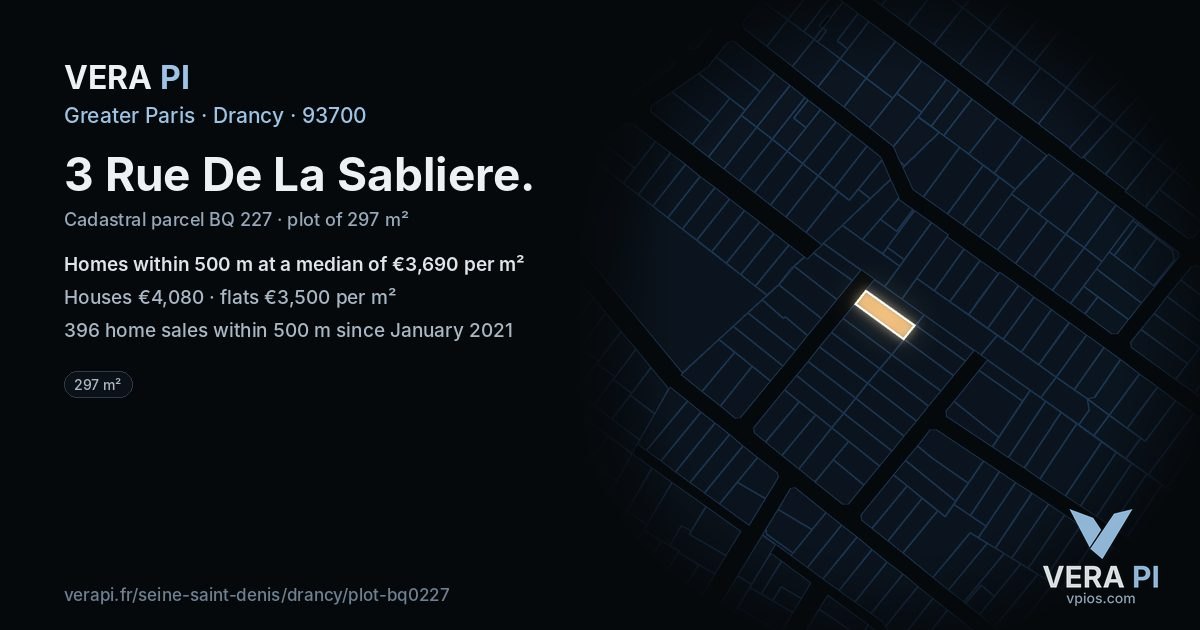 3 Rue De La Sabliere, Drancy at night – the plot lit, the parcels around coloured by the prices near them