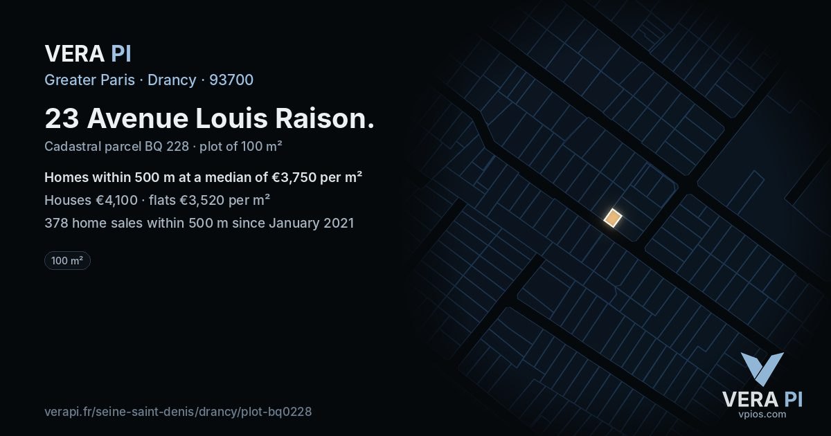23 Avenue Louis Raison, Drancy at night – the plot lit, the parcels around coloured by the prices near them