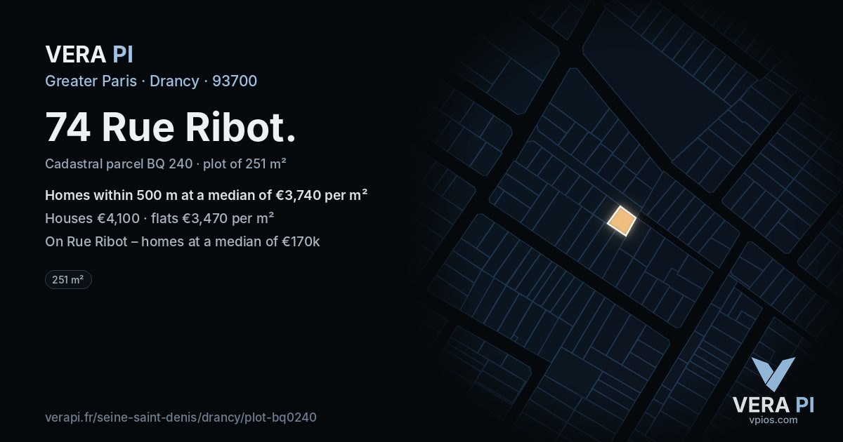 74 Rue Ribot, Drancy at night – the plot lit, the parcels around coloured by the prices near them