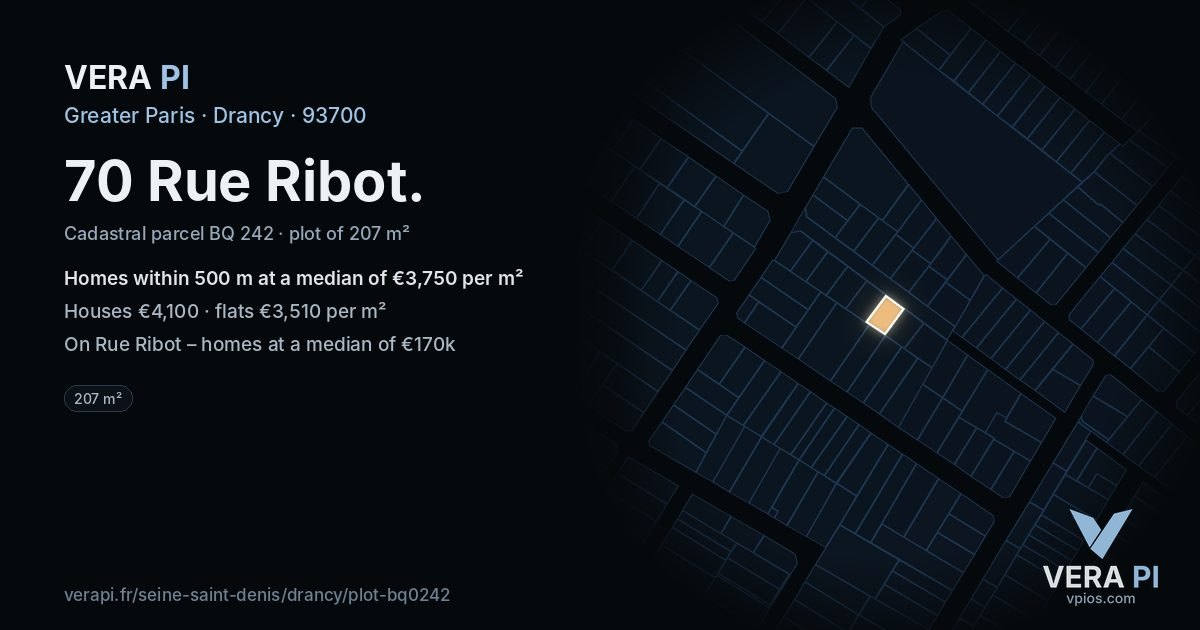 70 Rue Ribot, Drancy at night – the plot lit, the parcels around coloured by the prices near them