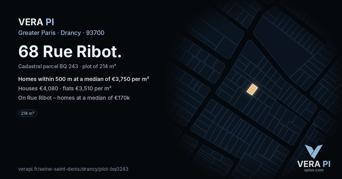 68 Rue Ribot, Drancy at night – the plot lit, the parcels around coloured by the prices near them