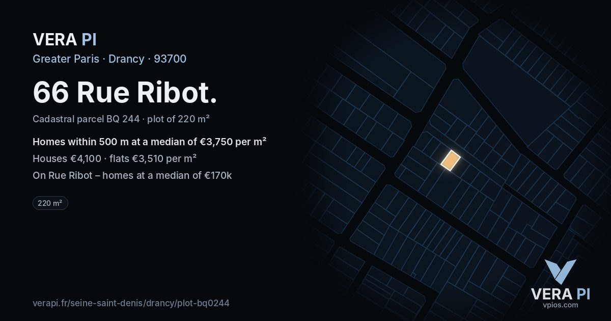 66 Rue Ribot, Drancy at night – the plot lit, the parcels around coloured by the prices near them