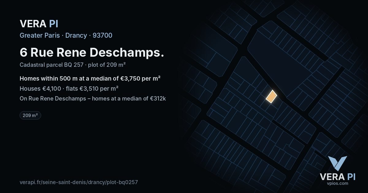 6 Rue Rene Deschamps, Drancy at night – the plot lit, the parcels around coloured by the prices near them