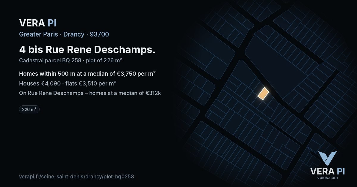 4 bis Rue Rene Deschamps, Drancy at night – the plot lit, the parcels around coloured by the prices near them