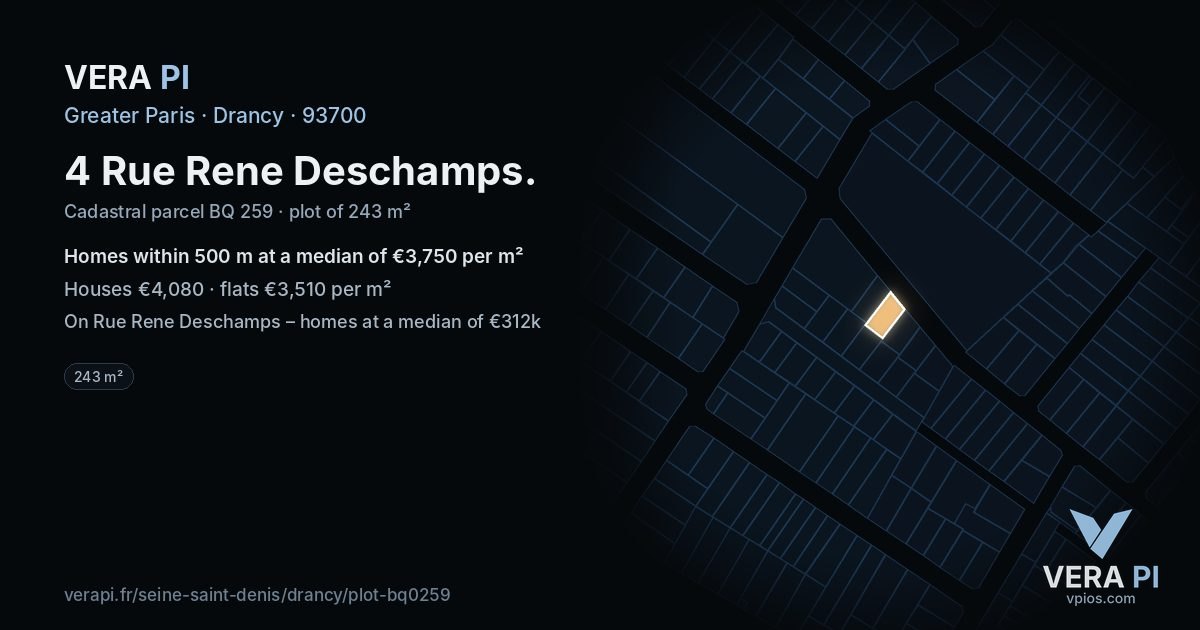 4 Rue Rene Deschamps, Drancy at night – the plot lit, the parcels around coloured by the prices near them