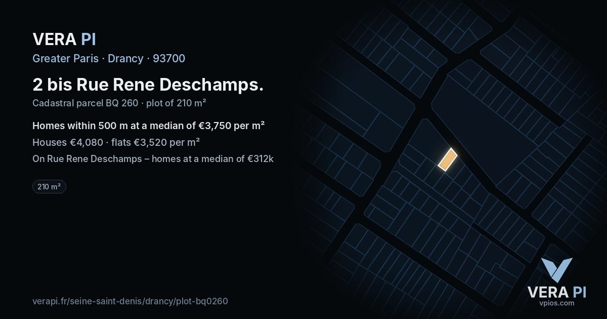2 bis Rue Rene Deschamps, Drancy at night – the plot lit, the parcels around coloured by the prices near them
