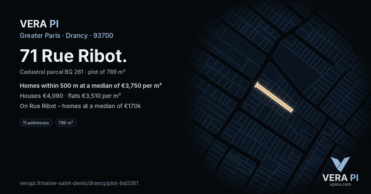 71 Rue Ribot, Drancy at night – the plot lit, the parcels around coloured by the prices near them
