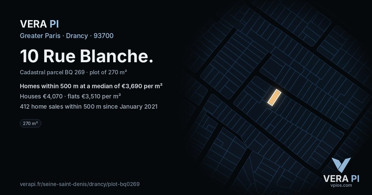10 Rue Blanche, Drancy at night – the plot lit, the parcels around coloured by the prices near them