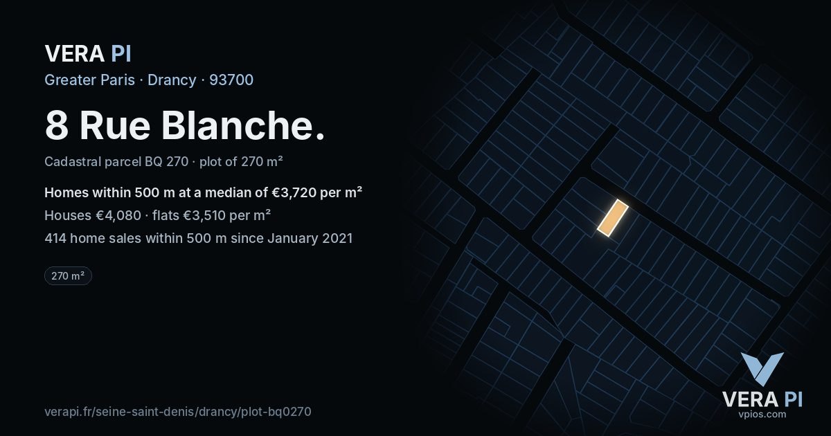 8 Rue Blanche, Drancy at night – the plot lit, the parcels around coloured by the prices near them