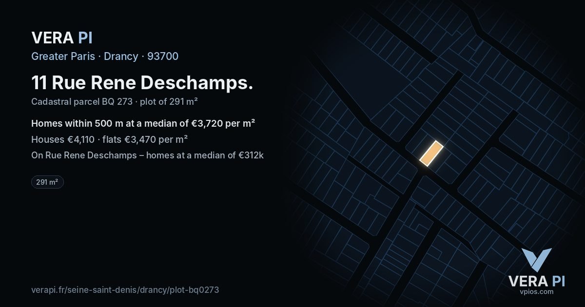 11 Rue Rene Deschamps, Drancy at night – the plot lit, the parcels around coloured by the prices near them