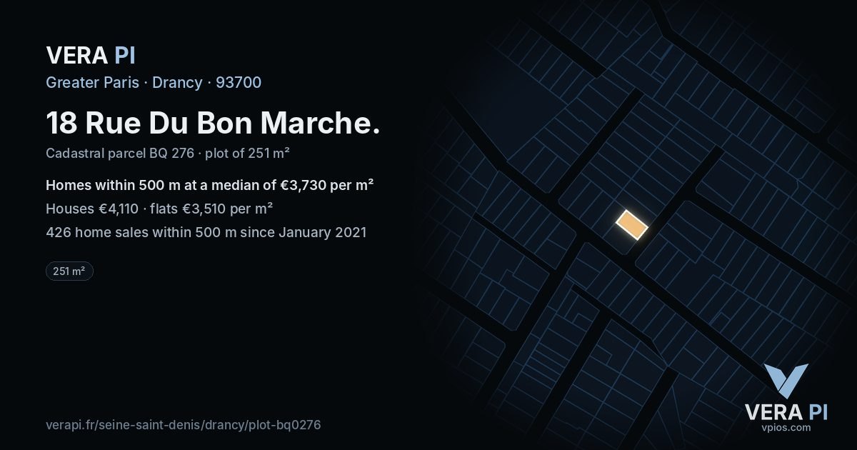 18 Rue Du Bon Marche, Drancy at night – the plot lit, the parcels around coloured by the prices near them