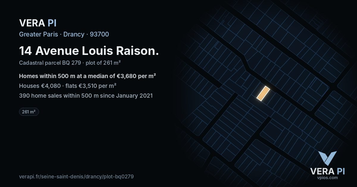 14 Avenue Louis Raison, Drancy at night – the plot lit, the parcels around coloured by the prices near them