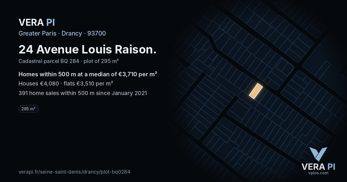 24 Avenue Louis Raison, Drancy at night – the plot lit, the parcels around coloured by the prices near them