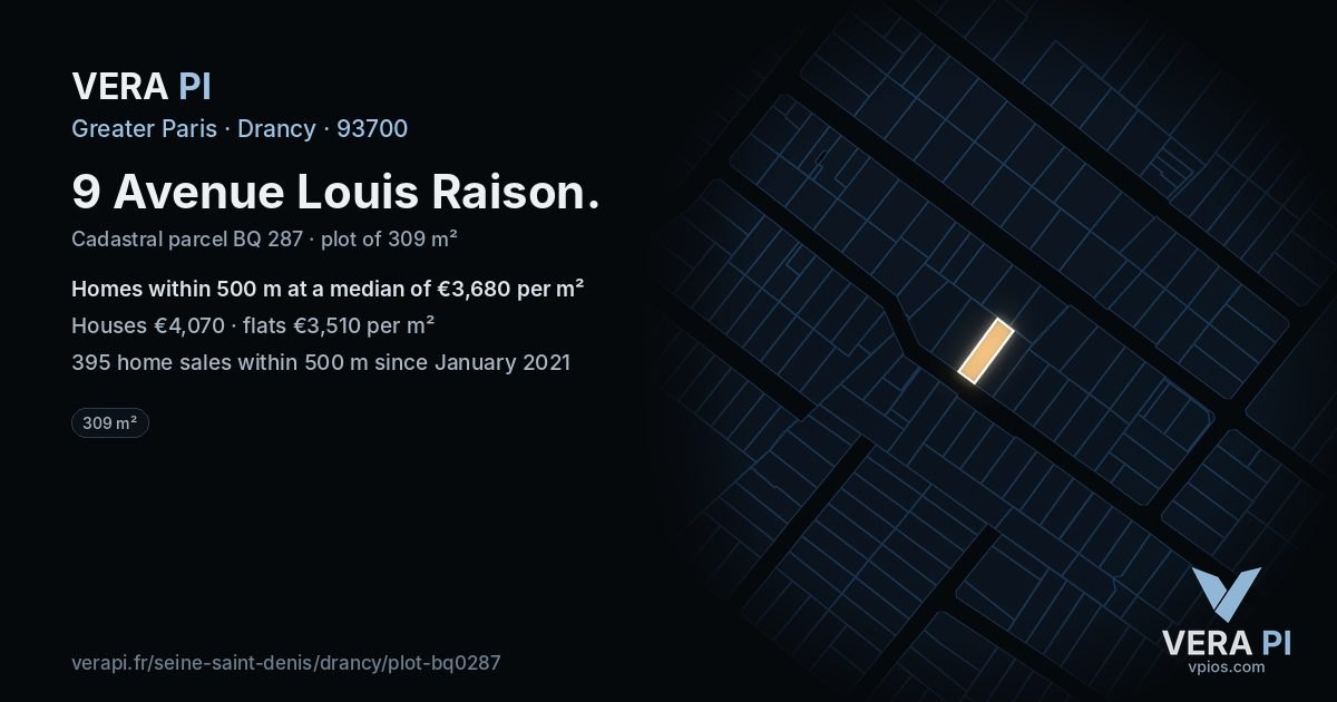 9 Avenue Louis Raison, Drancy at night – the plot lit, the parcels around coloured by the prices near them