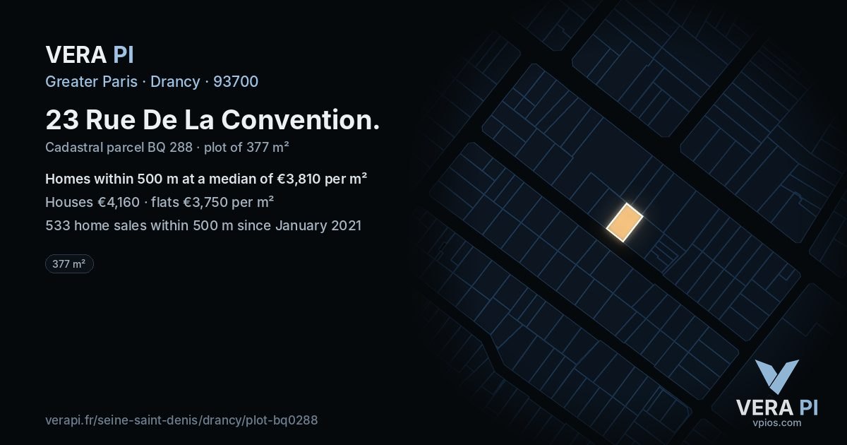 23 Rue De La Convention, Drancy at night – the plot lit, the parcels around coloured by the prices near them