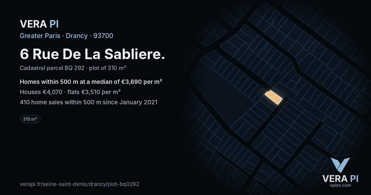 6 Rue De La Sabliere, Drancy at night – the plot lit, the parcels around coloured by the prices near them