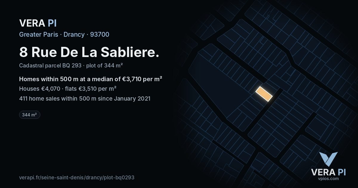 8 Rue De La Sabliere, Drancy at night – the plot lit, the parcels around coloured by the prices near them