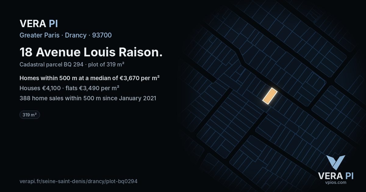 18 Avenue Louis Raison, Drancy at night – the plot lit, the parcels around coloured by the prices near them