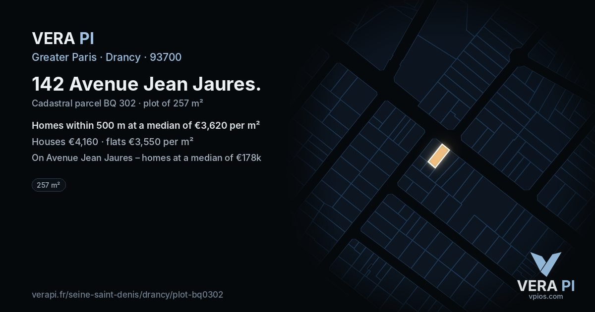 142 Avenue Jean Jaures, Drancy at night – the plot lit, the parcels around coloured by the prices near them