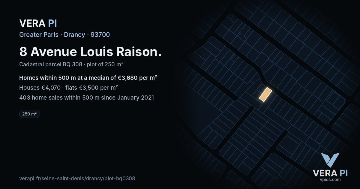 8 Avenue Louis Raison, Drancy at night – the plot lit, the parcels around coloured by the prices near them