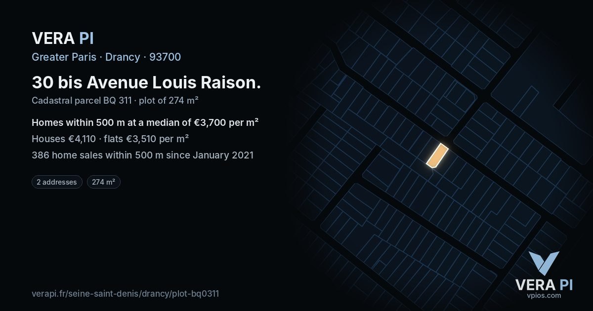 30 bis Avenue Louis Raison, Drancy at night – the plot lit, the parcels around coloured by the prices near them
