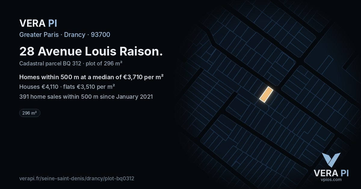 28 Avenue Louis Raison, Drancy at night – the plot lit, the parcels around coloured by the prices near them