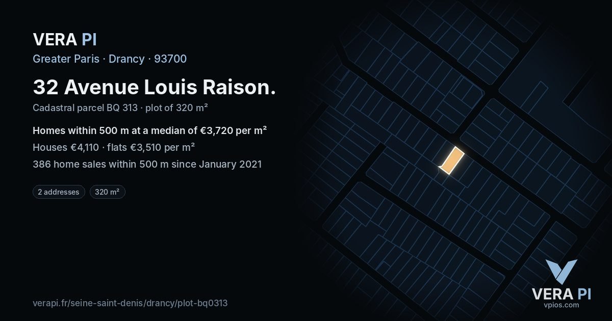 32 Avenue Louis Raison, Drancy at night – the plot lit, the parcels around coloured by the prices near them