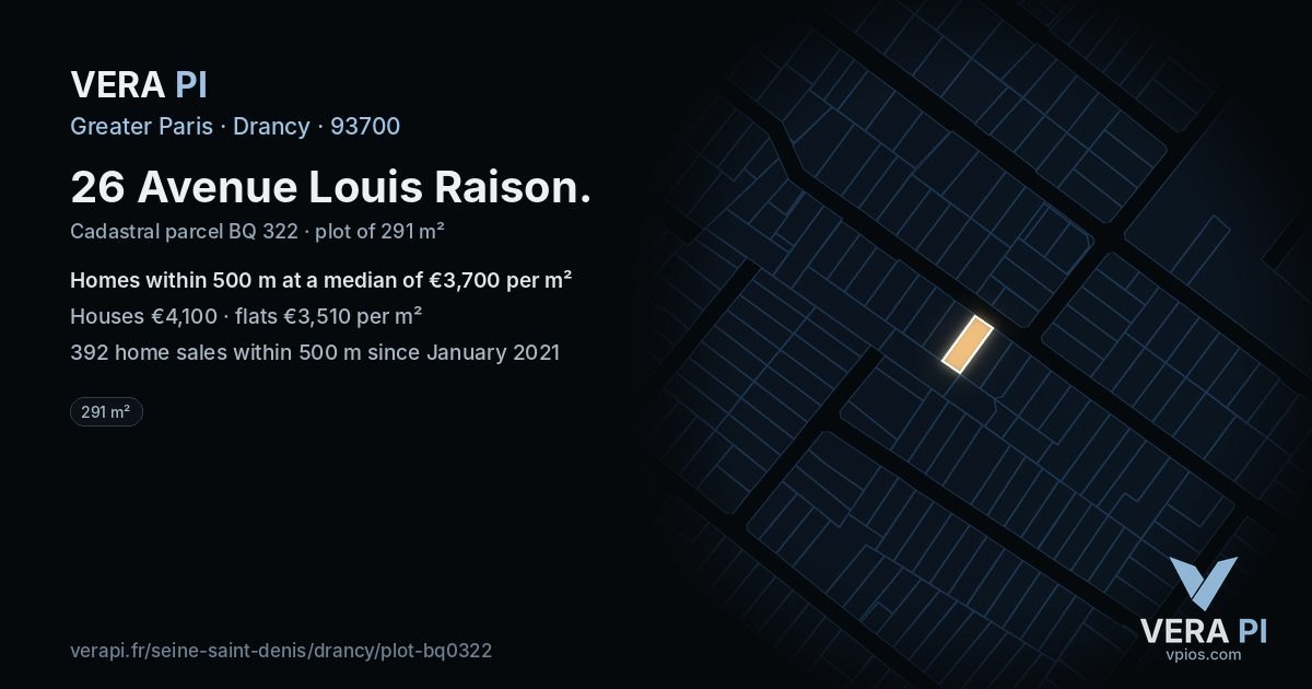 26 Avenue Louis Raison, Drancy at night – the plot lit, the parcels around coloured by the prices near them