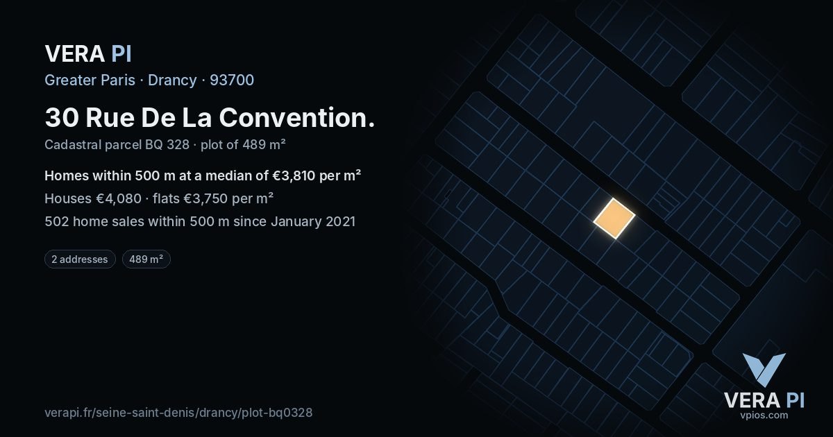 30 Rue De La Convention, Drancy at night – the plot lit, the parcels around coloured by the prices near them