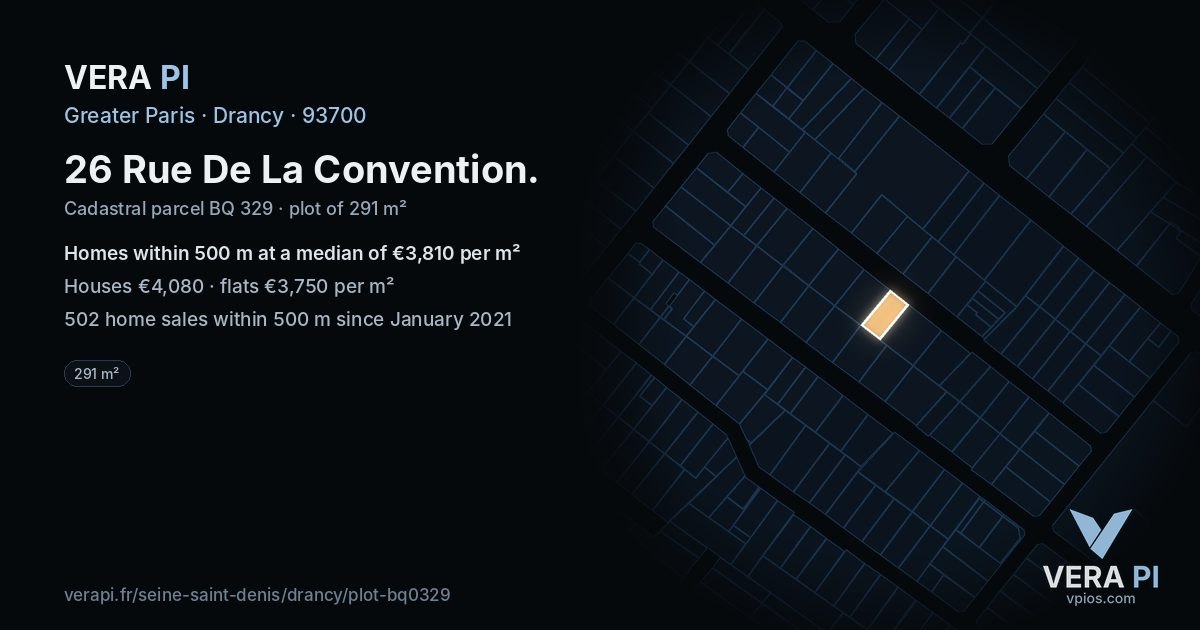 26 Rue De La Convention, Drancy at night – the plot lit, the parcels around coloured by the prices near them