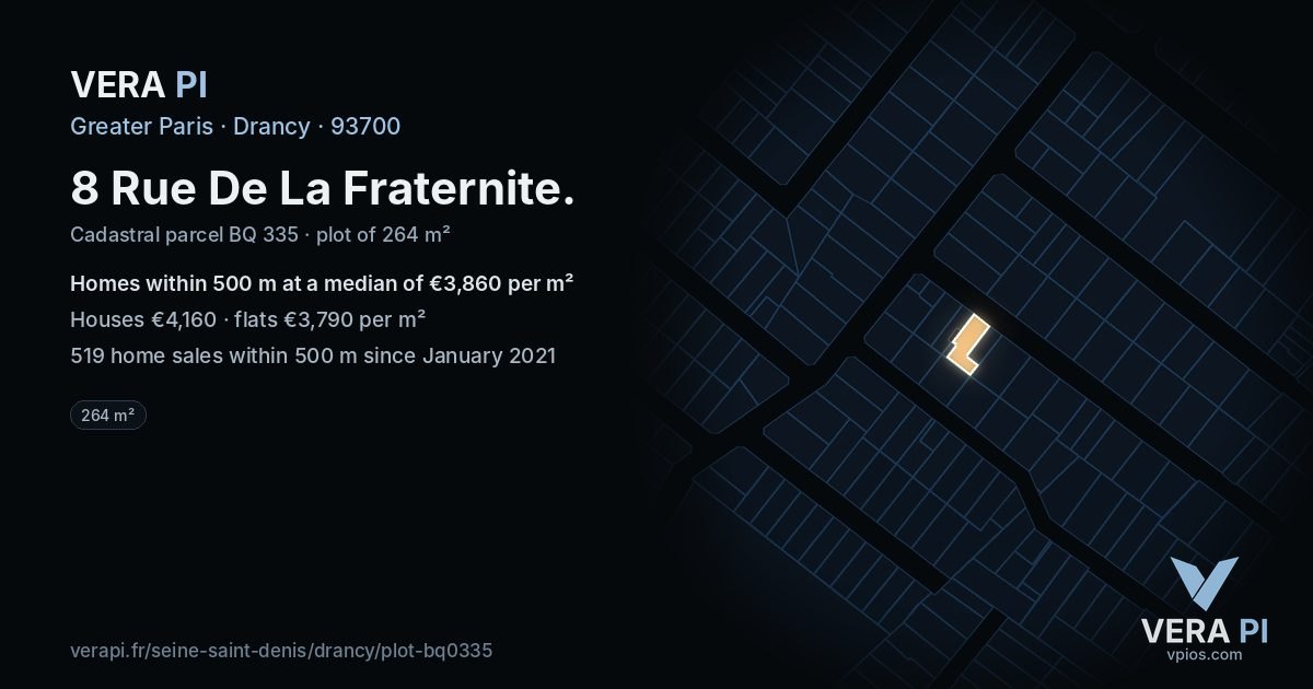 8 Rue De La Fraternite, Drancy at night – the plot lit, the parcels around coloured by the prices near them