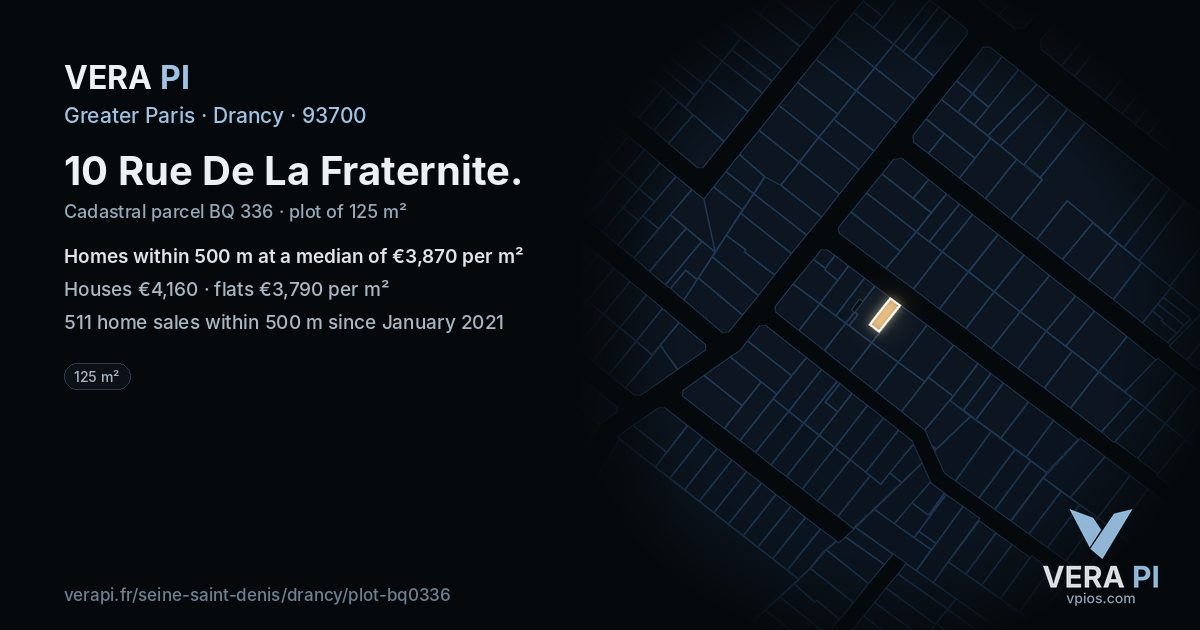 10 Rue De La Fraternite, Drancy at night – the plot lit, the parcels around coloured by the prices near them