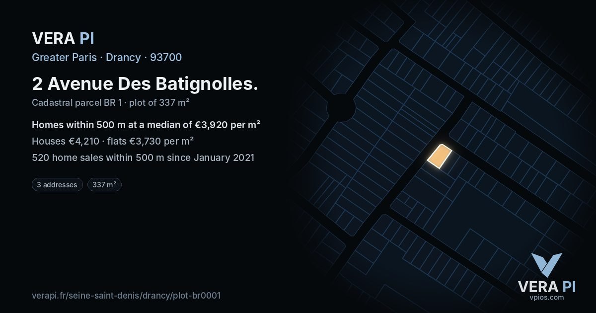 2 Avenue Des Batignolles, Drancy at night – the plot lit, the parcels around coloured by the prices near them