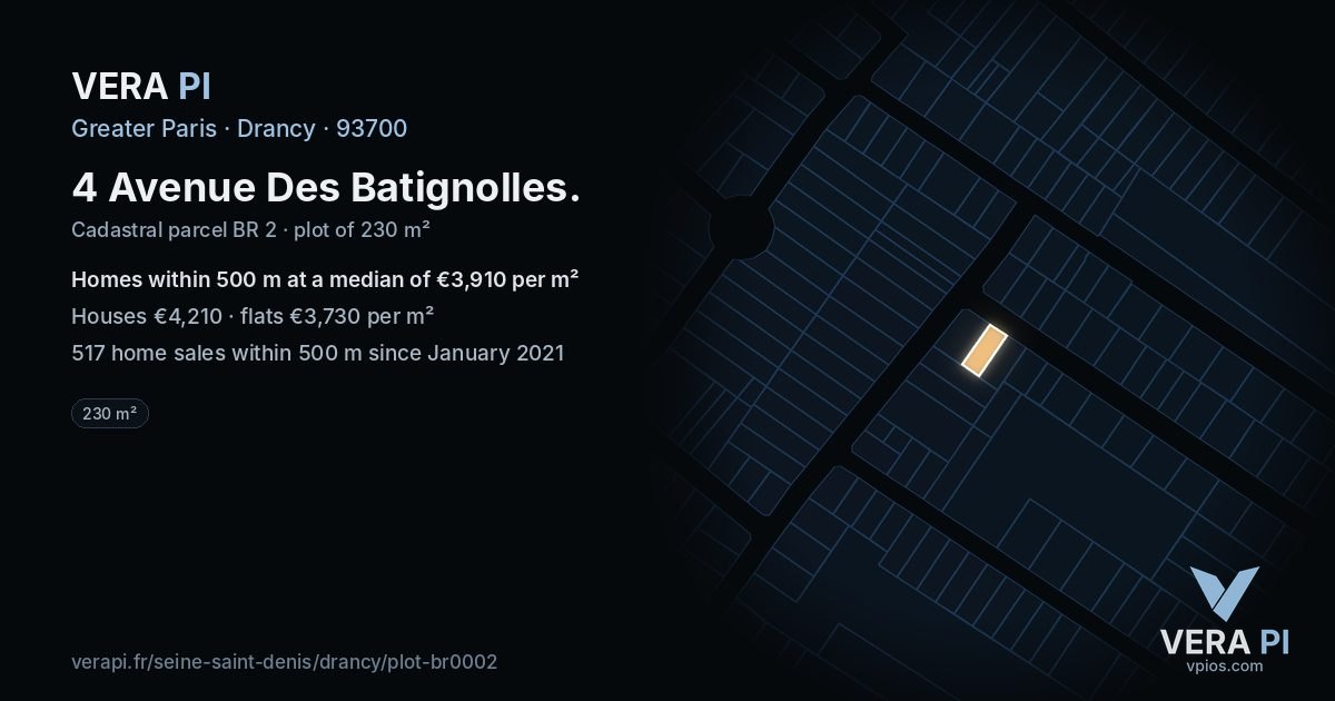 4 Avenue Des Batignolles, Drancy at night – the plot lit, the parcels around coloured by the prices near them