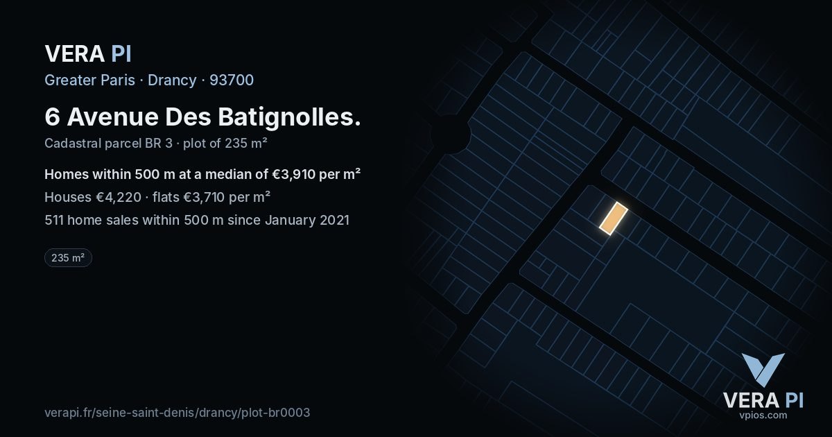 6 Avenue Des Batignolles, Drancy at night – the plot lit, the parcels around coloured by the prices near them