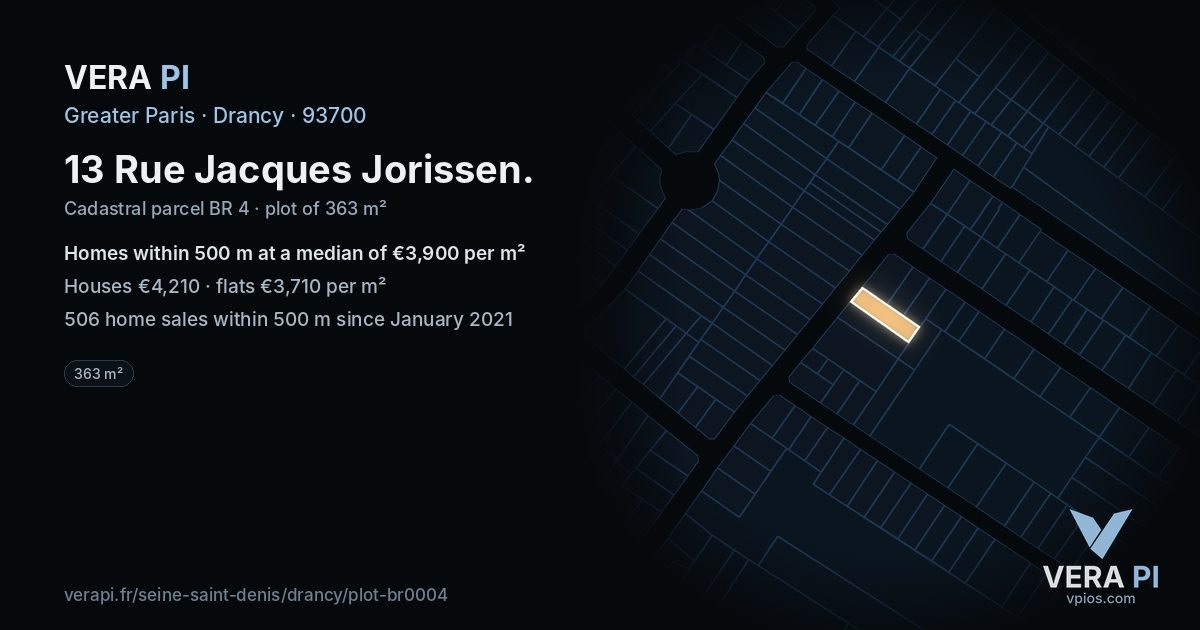 13 Rue Jacques Jorissen, Drancy at night – the plot lit, the parcels around coloured by the prices near them