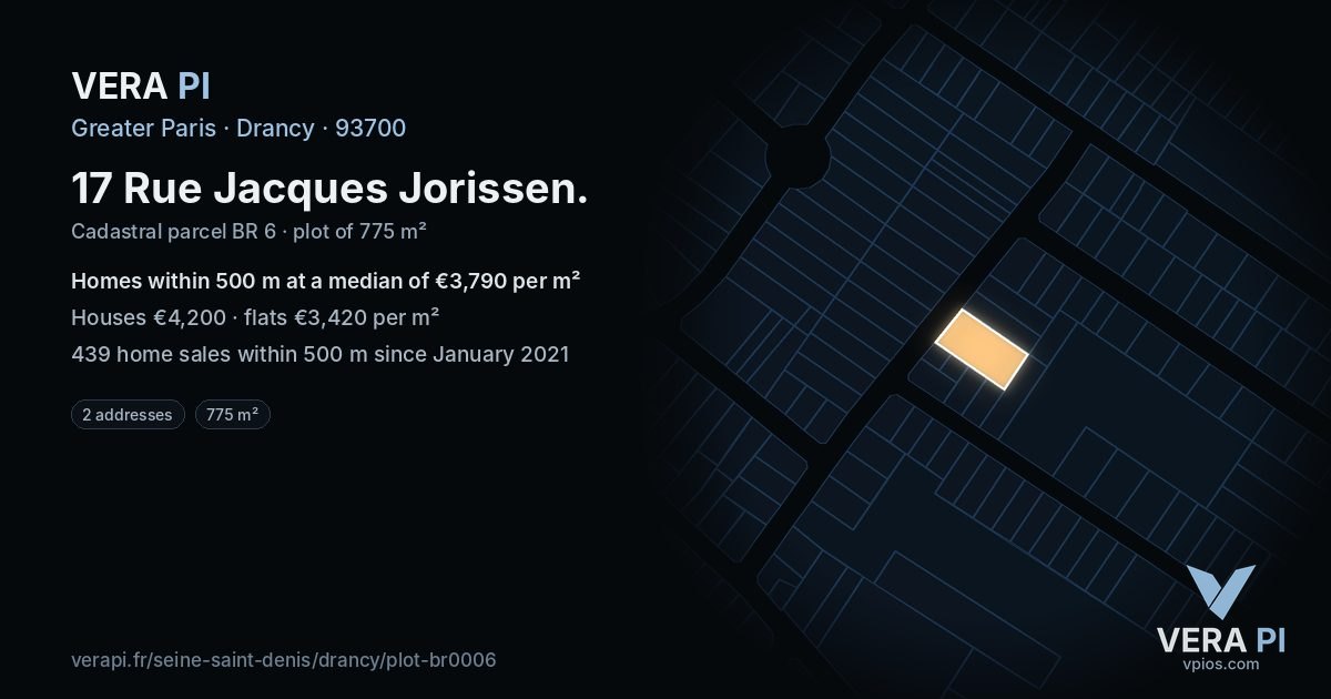 17 Rue Jacques Jorissen, Drancy at night – the plot lit, the parcels around coloured by the prices near them