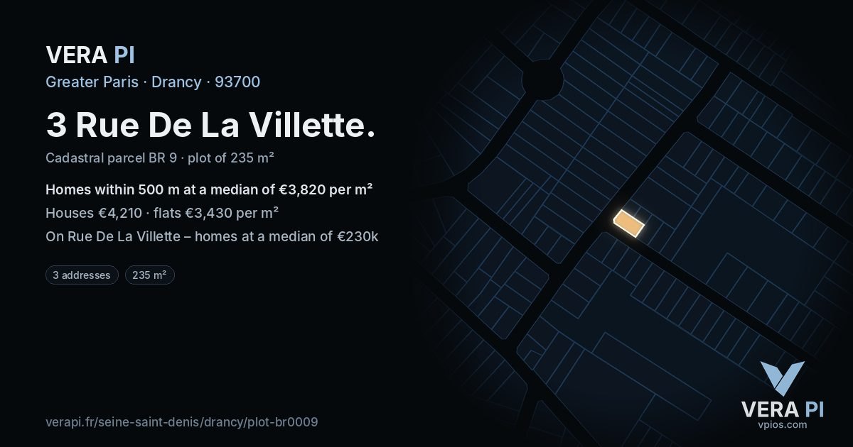 3 Rue De La Villette, Drancy at night – the plot lit, the parcels around coloured by the prices near them