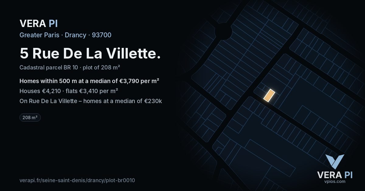 5 Rue De La Villette, Drancy at night – the plot lit, the parcels around coloured by the prices near them