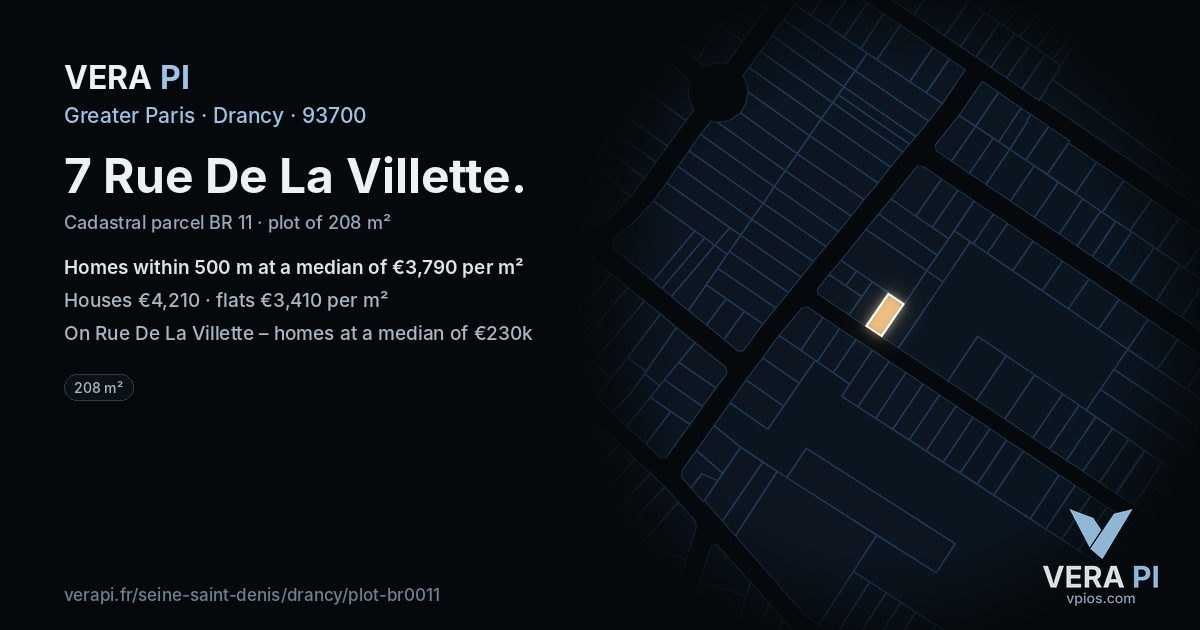 7 Rue De La Villette, Drancy at night – the plot lit, the parcels around coloured by the prices near them