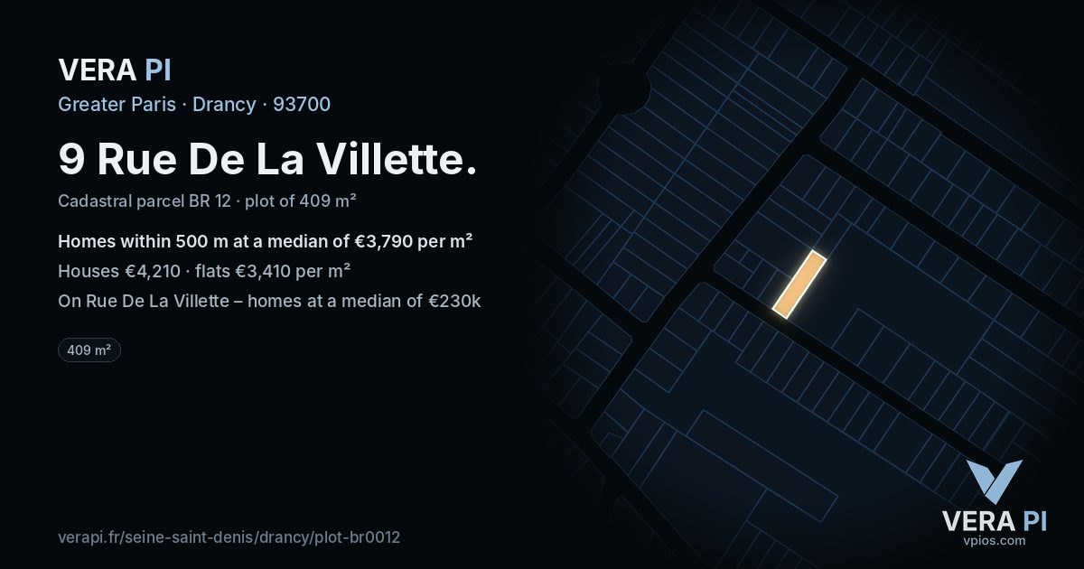 9 Rue De La Villette, Drancy at night – the plot lit, the parcels around coloured by the prices near them